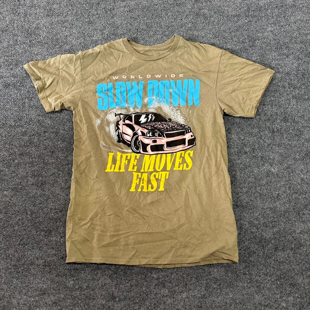 Popular Poison T-Shirt Mens Size Medium Olive Green Slow Down Car Graphic Tee